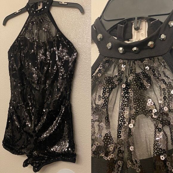 Glamour solo dance costume black sequin bikeatard leotard LA-Large adult - Picture 1 of 14